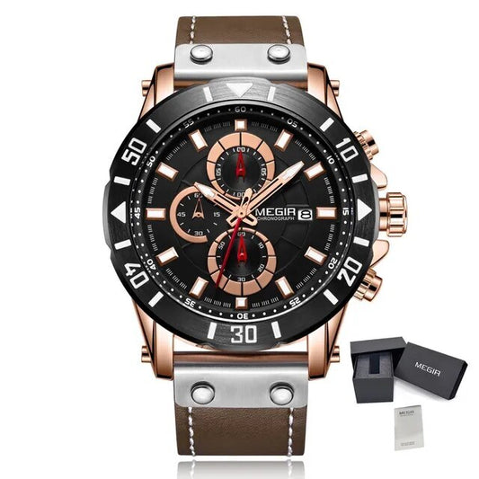 MEGIR Watch Men's Military Sport Wrist Watches Waterproof Leather Quartz Chronograph Calendar Luminous Clock Watch for Man 2081