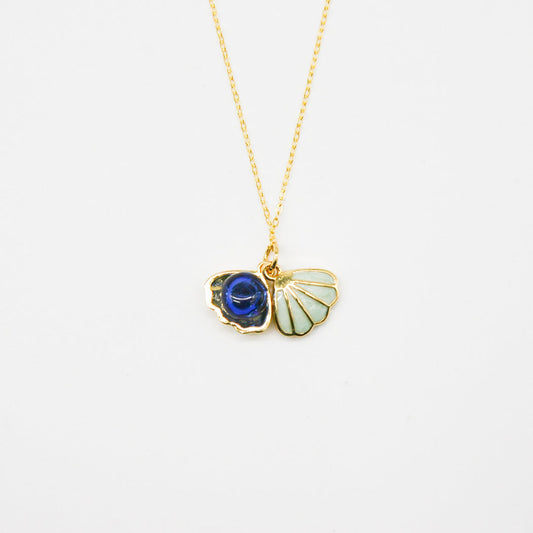 NNEDSZ Gift Box - Aroma Necklace 925 Silver, Gold coated - Green Shell Ocean Depth (Dark Blue) + Purify Oil Blend